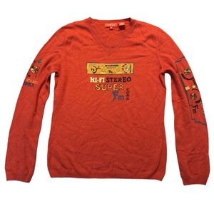 NOUN women's cashmere blend red retro stereo graphic sweater, small.